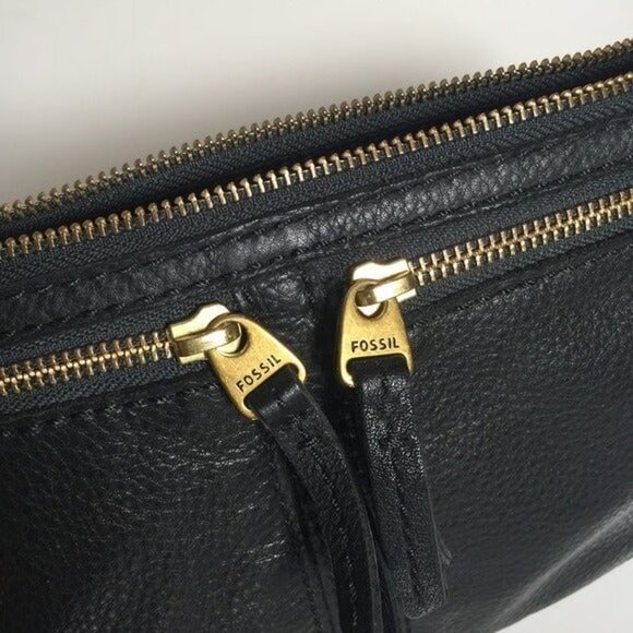 Fossil Double Zip Front Black Leather Crossbody - Picture 4 of 6